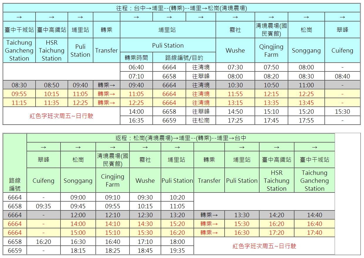 台中─埔里─清境農場公車時刻表